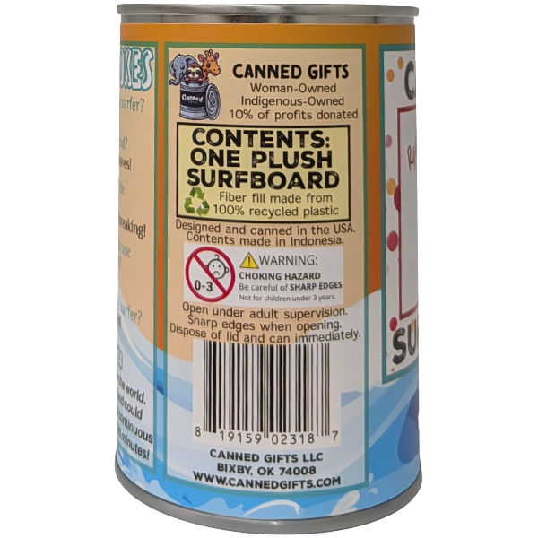 Canned Surfboard | Surfing Gift | Plush in Can w/Jokes