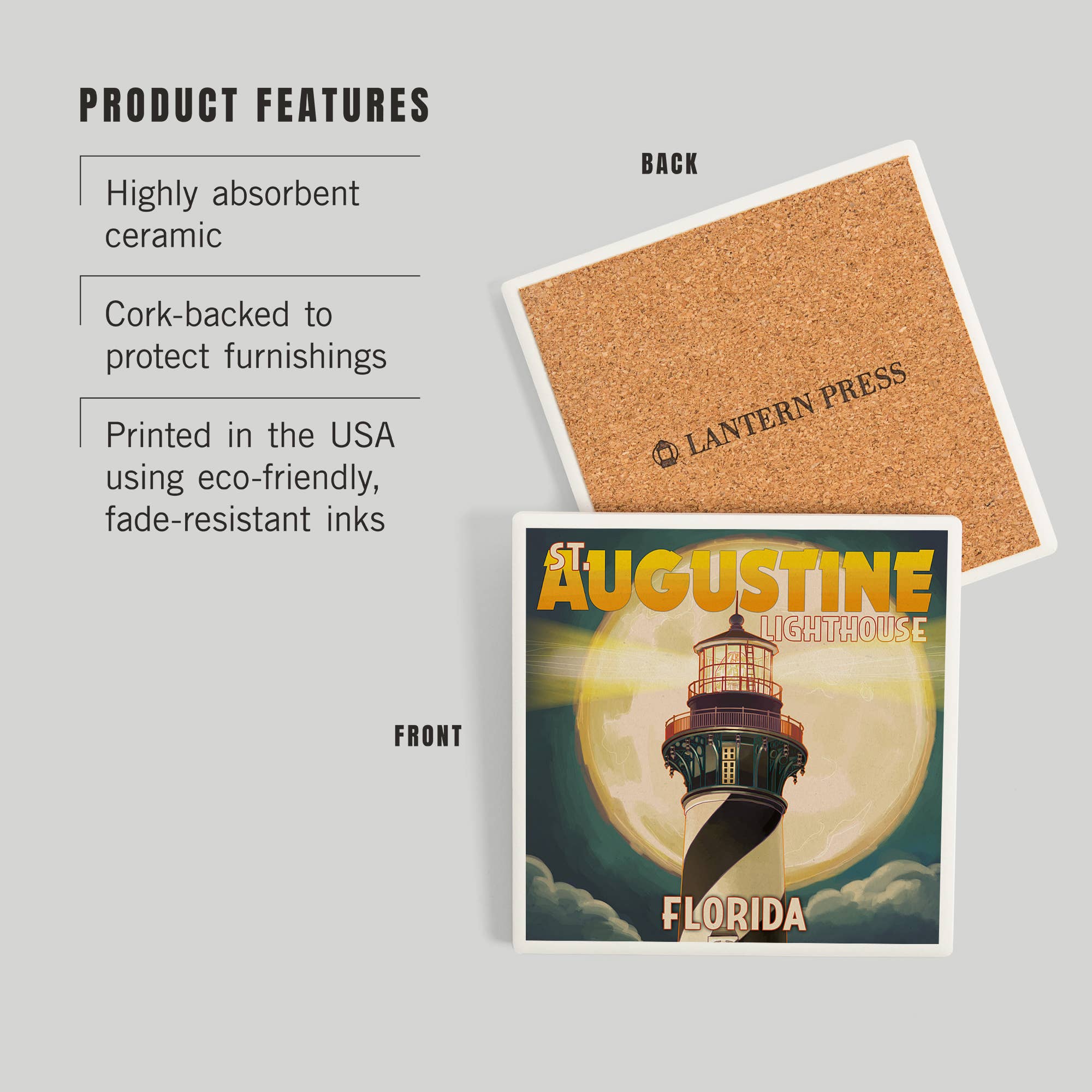 CERAMIC COASTER St. Augustine, Florida, Lighthouse & Moon