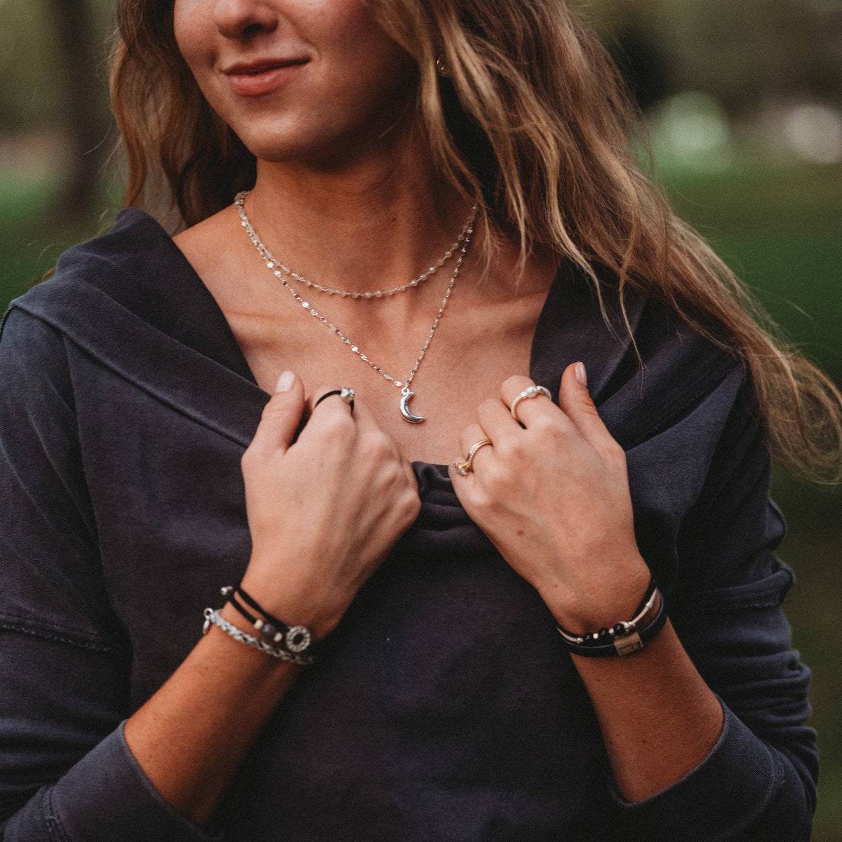 Eclipse Silver Moon Charm & Iridescent Bead Necklace Set