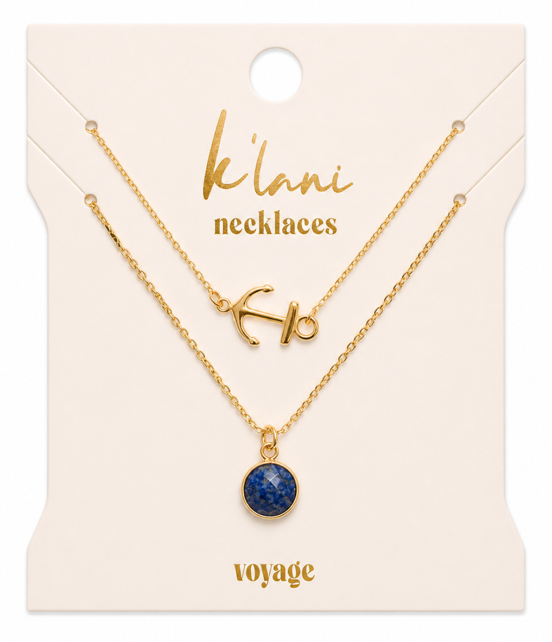 Voyage Gold Anchor & Blue Faceted Stone Necklace Set
