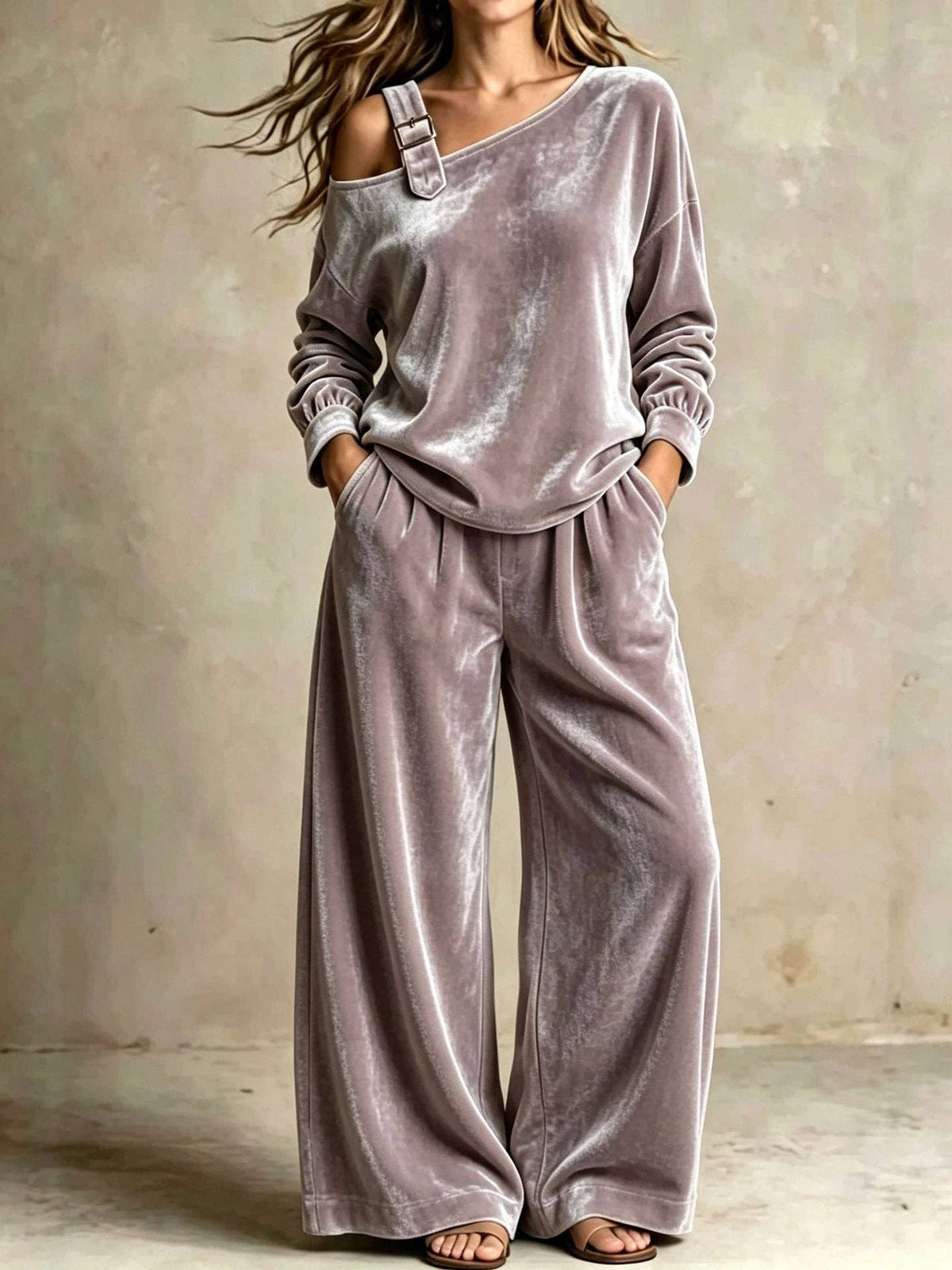 Women's Velvet One Shoulder Two Piece Set Wide Leg Pants