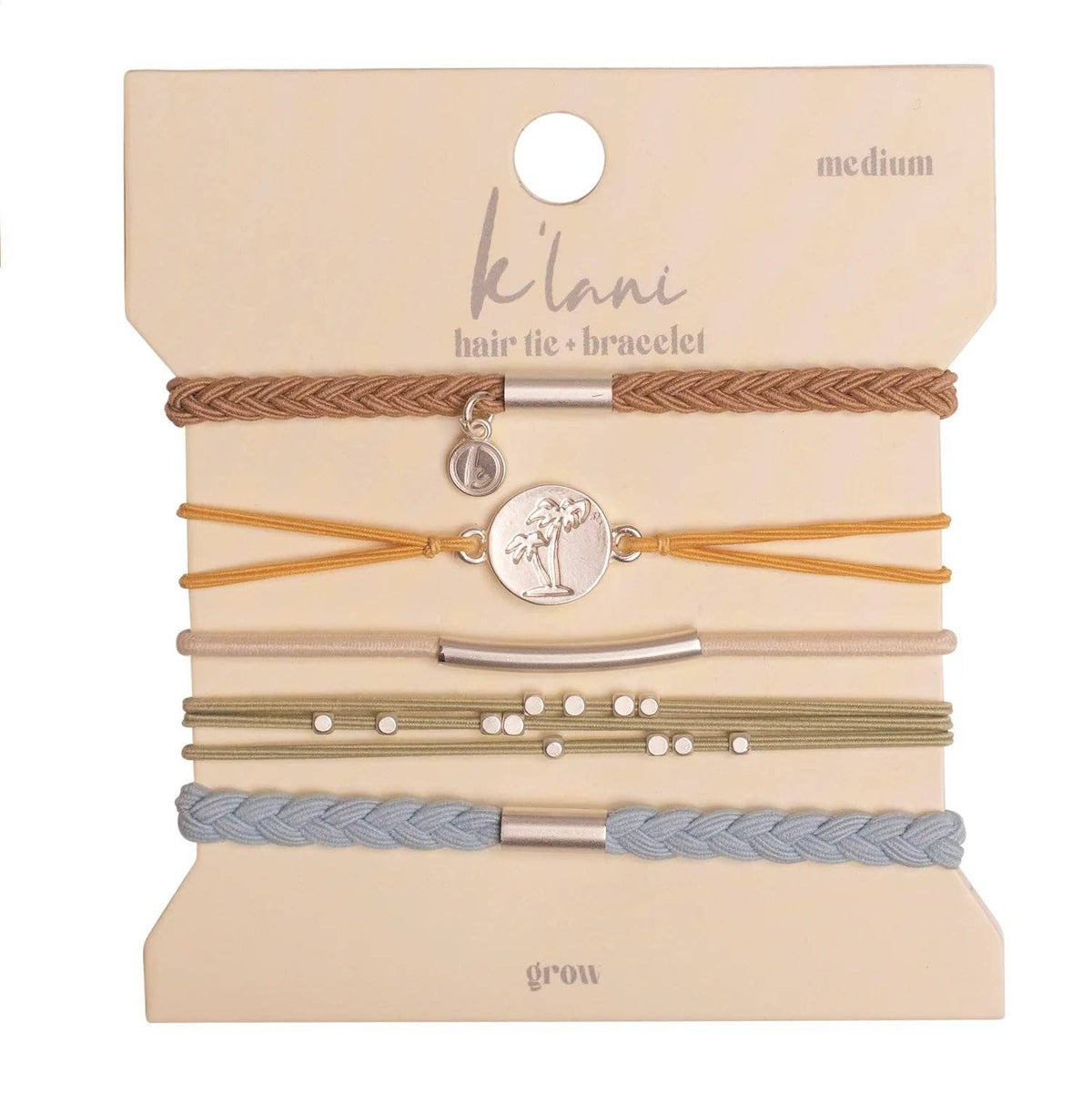 K'lani "Grow" Earthy Toned Silver Palm Tree Charm Hair Tie Bracelets
