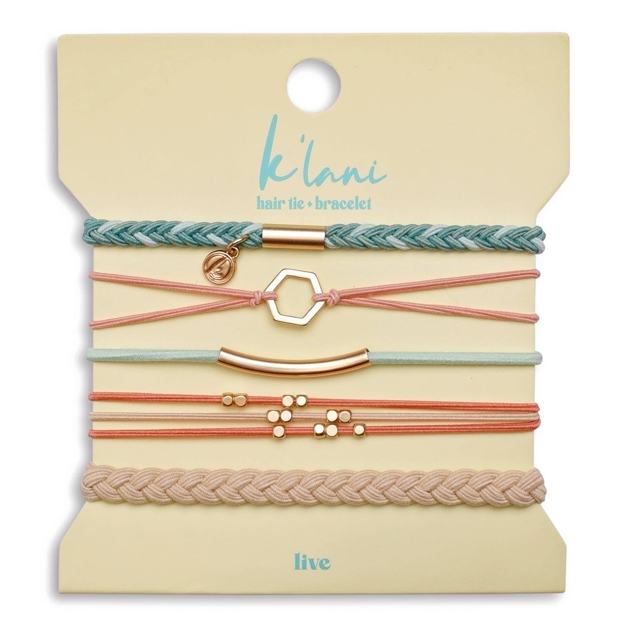 K'lani "Live" Teal & Coral with Gold Accent Hair Tie Bracelets