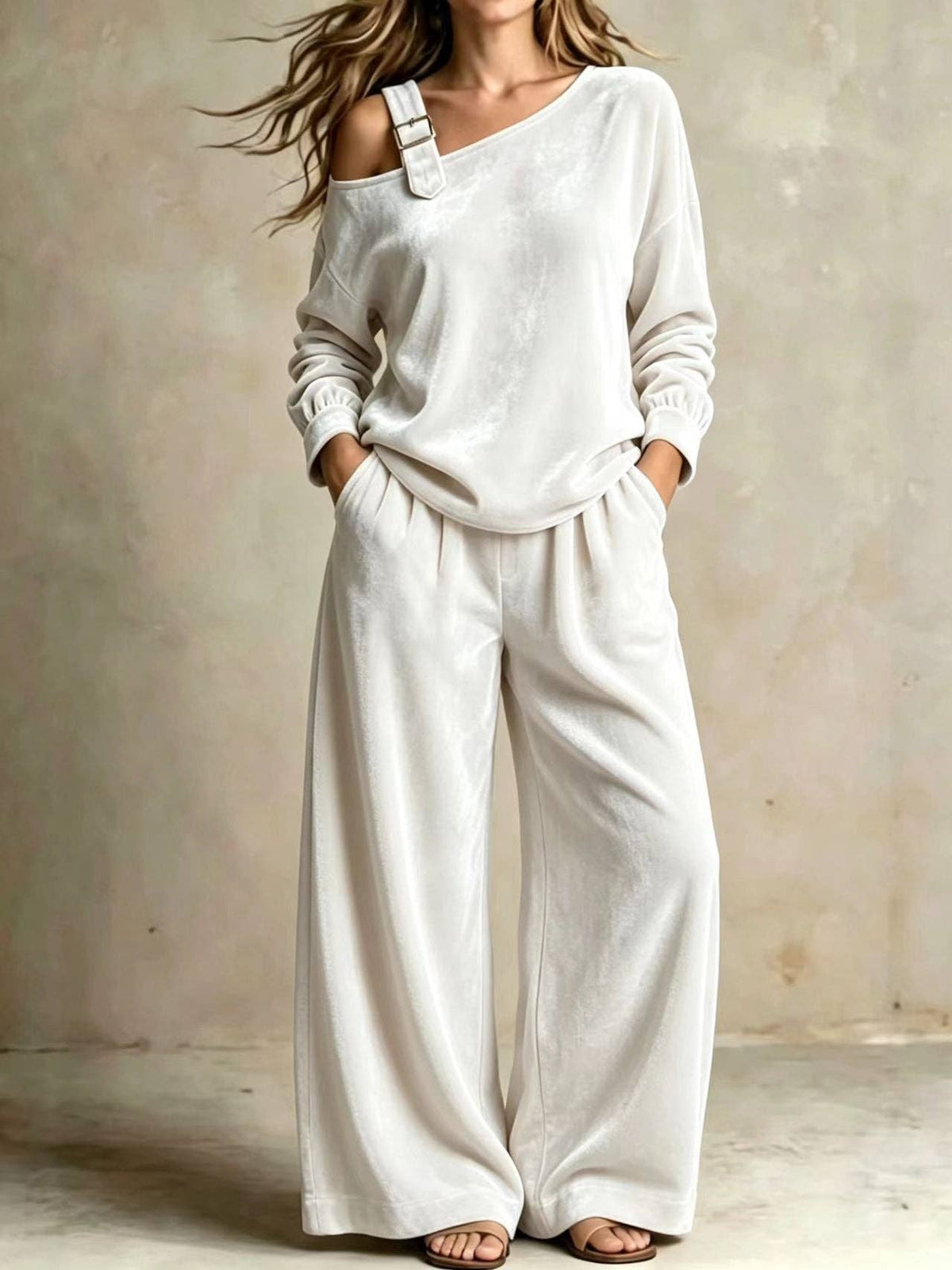 Women's Velvet One Shoulder Two Piece Set Wide Leg Pants