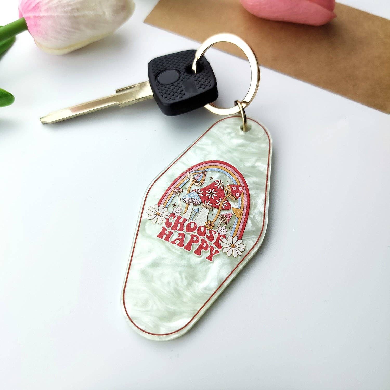 Choose Happy Motel Keychain - Vintage Nostalgia Motivational