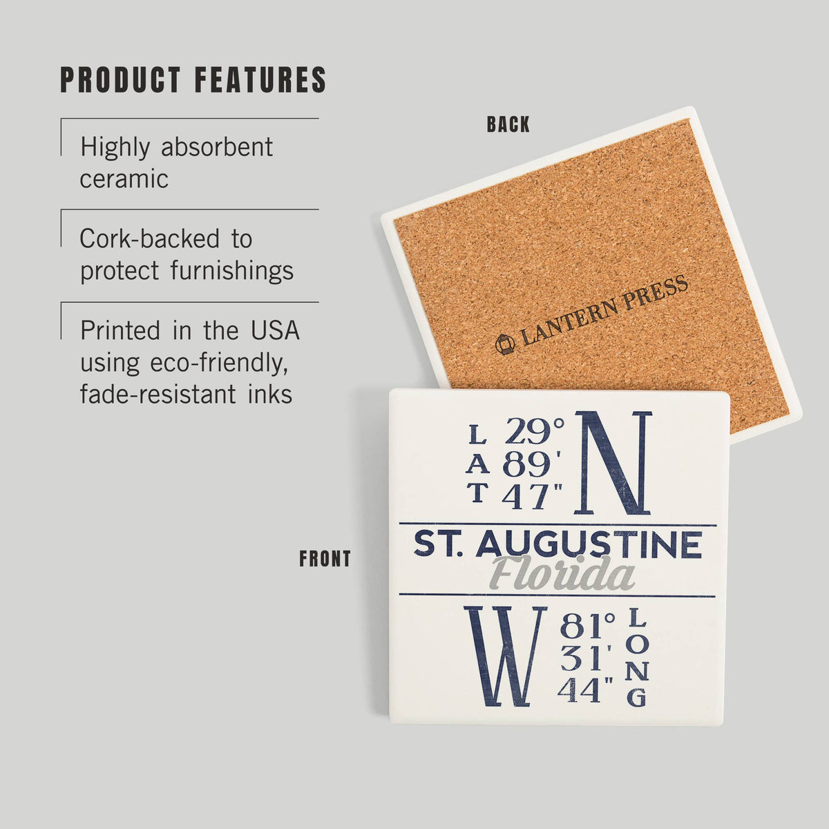 Ceramic Coaster St. Augustine, Florida, Latitude and Longitude
