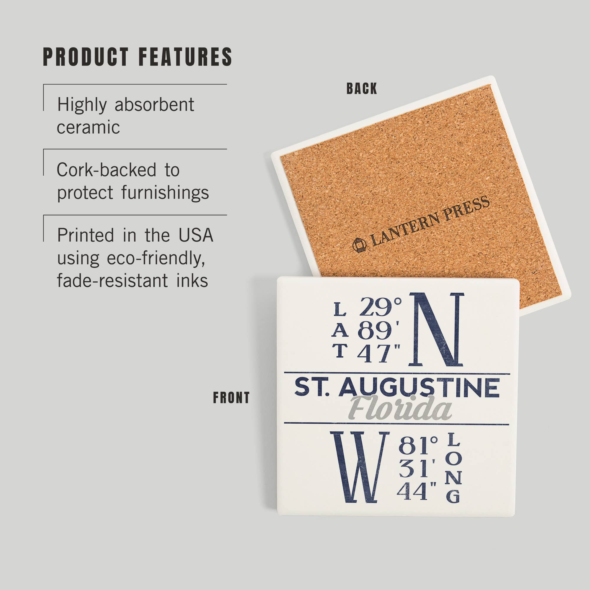 Ceramic Coaster St. Augustine, Florida, Latitude and Longitude