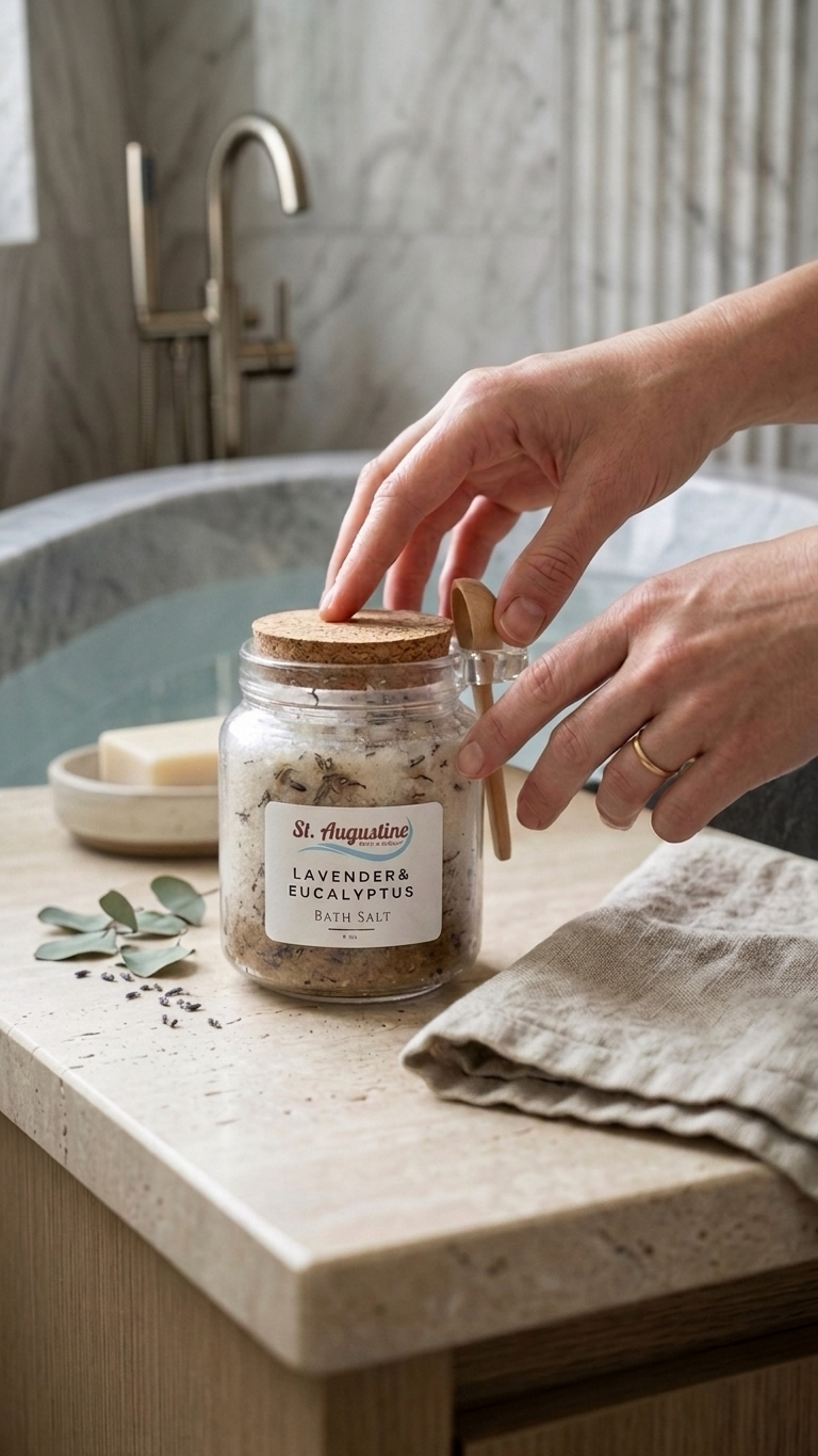 St. Augustine Lavender Eucalyptus bath salt beside a soaking tub