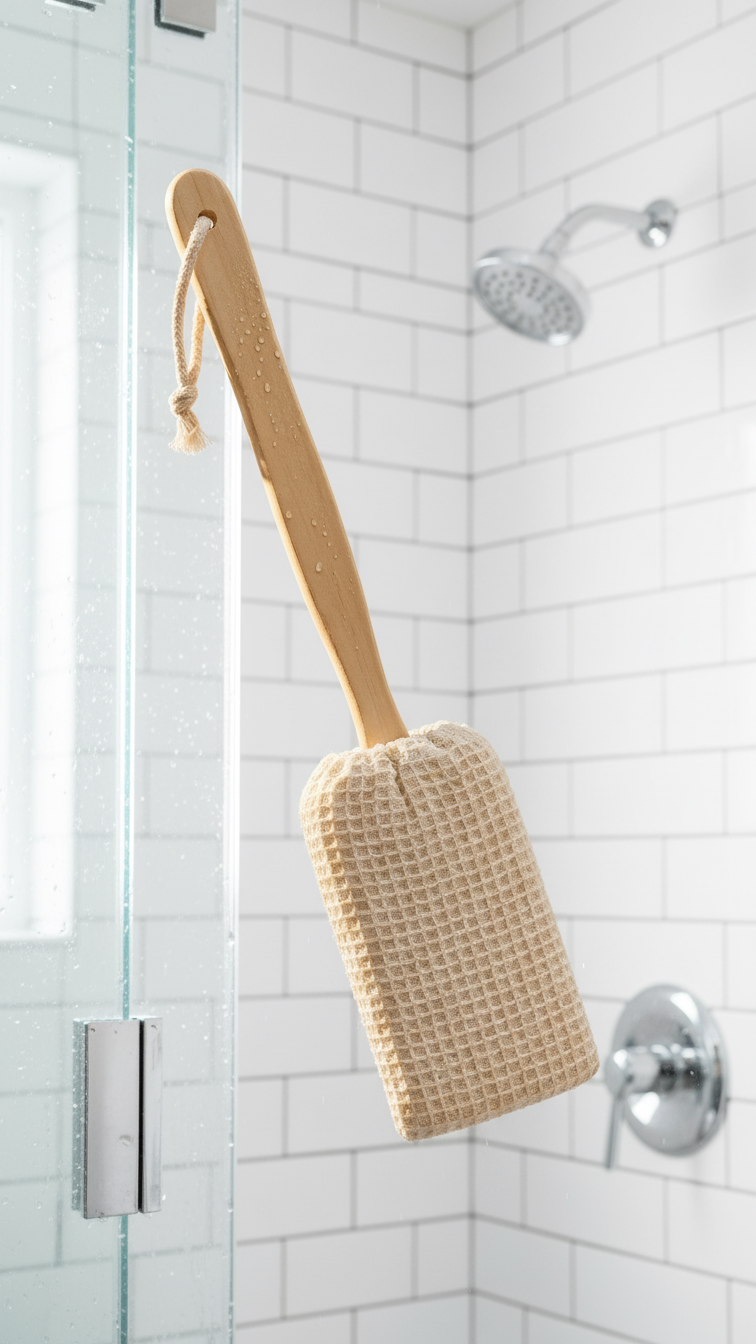 Bath Sponge Waffle Cover with Wood Handle