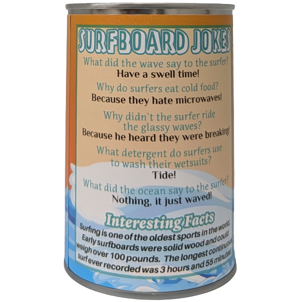 Canned Surfboard | Surfing Gift | Plush in Can w/Jokes