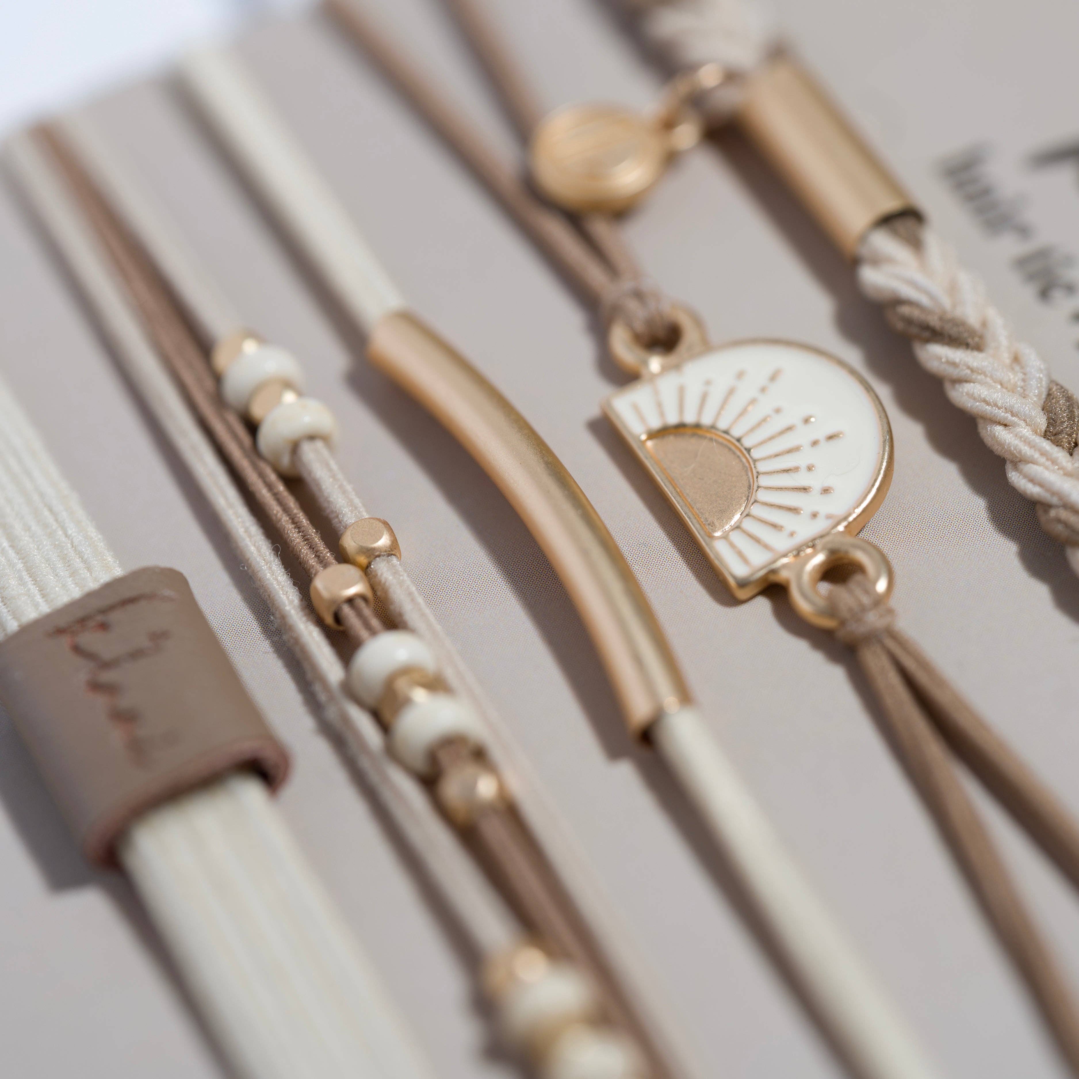 K'lani "Rise" Cream and Tan With Gold & Sun Accents Hair Tie Bracelets