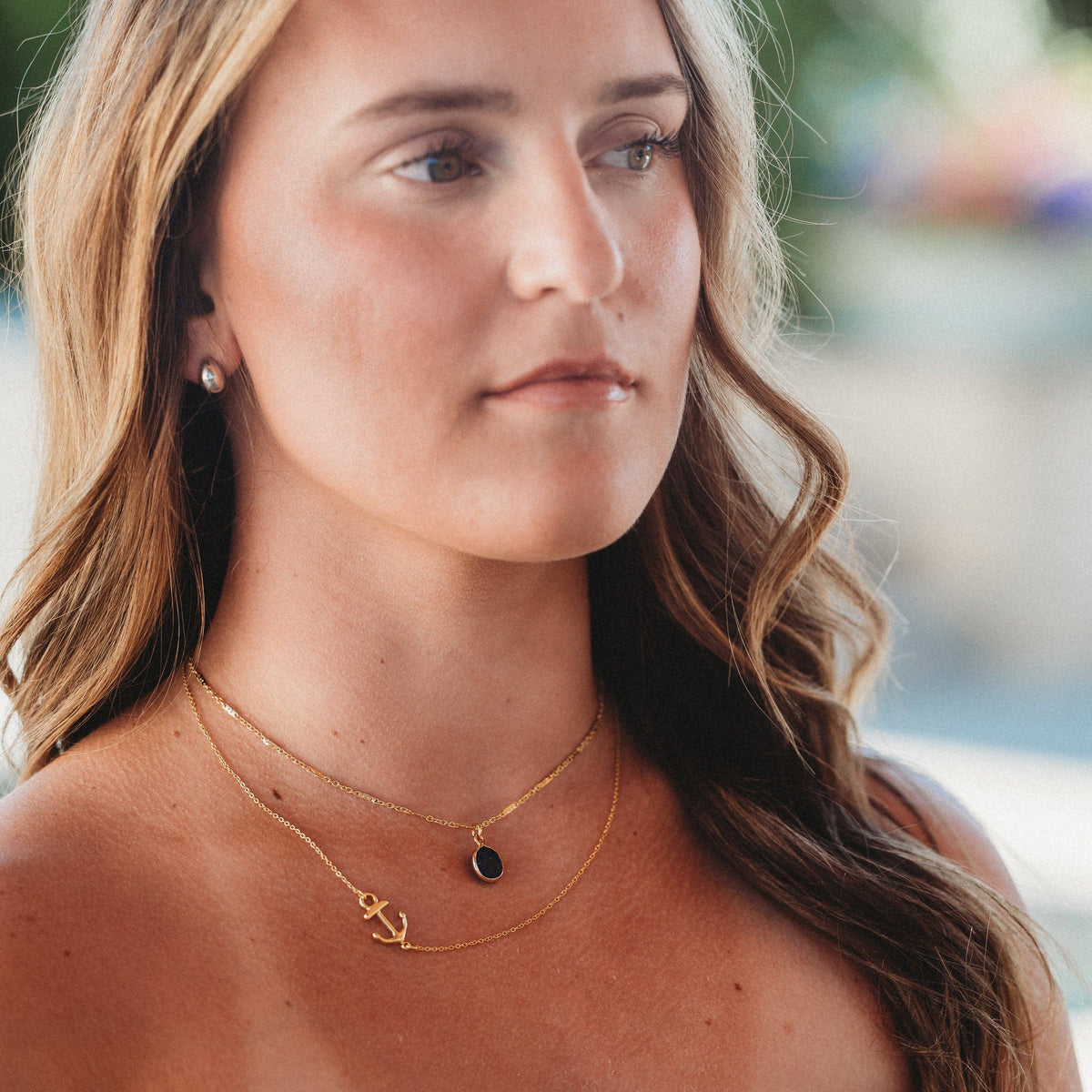 Voyage Gold Anchor & Blue Faceted Stone Necklace Set