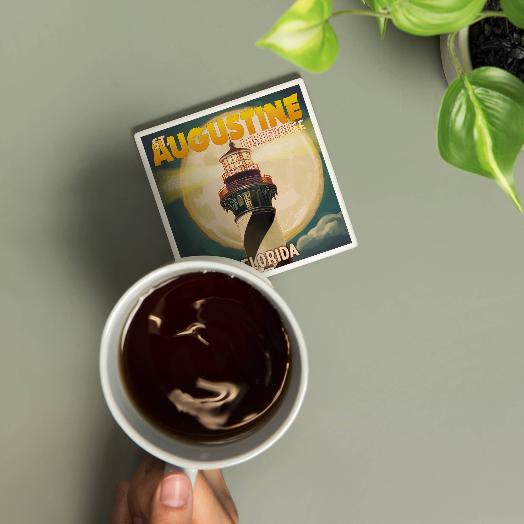 CERAMIC COASTER St. Augustine, Florida, Lighthouse & Moon