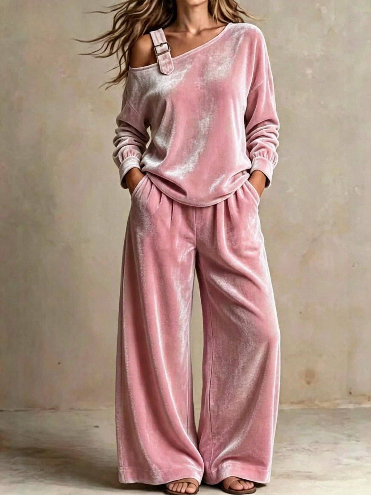 Women's Velvet One Shoulder Two Piece Set Wide Leg Pants