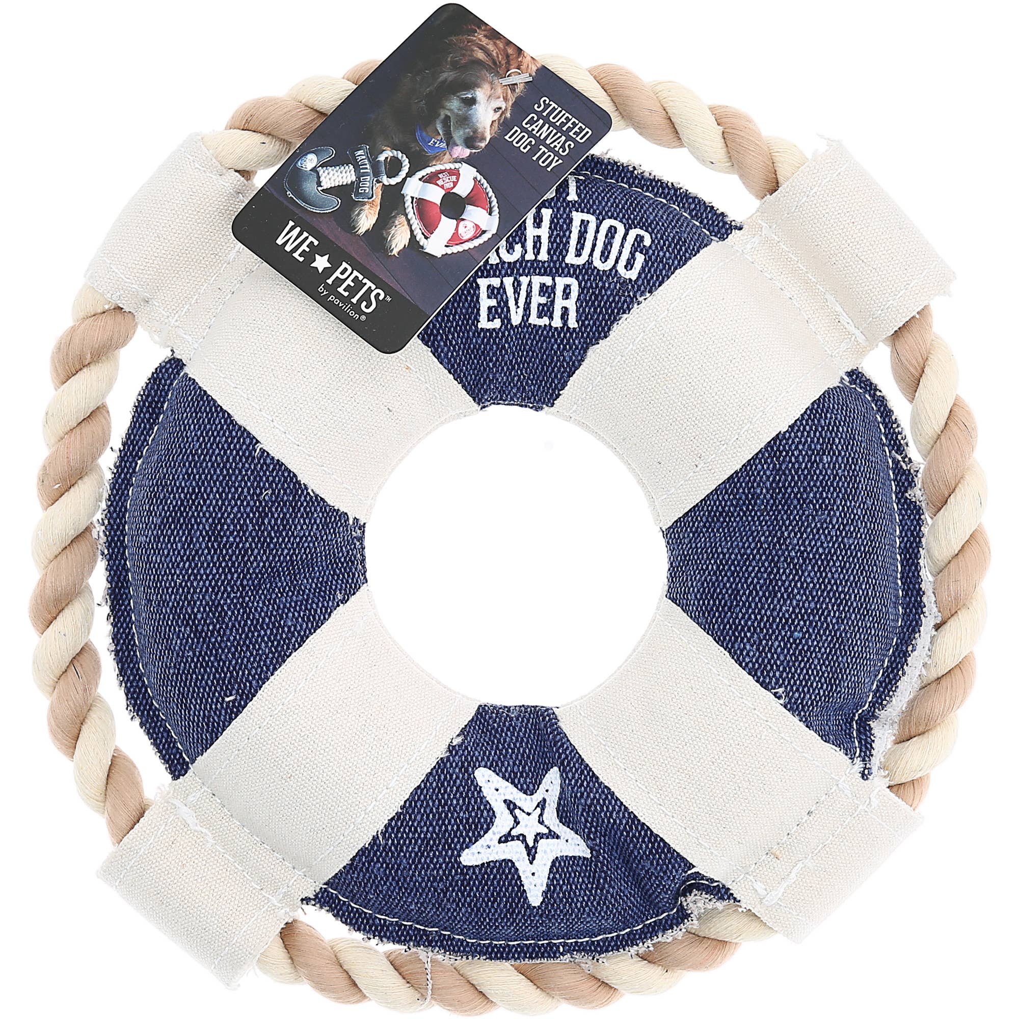 Beach Dog Life Ring - 10" Canvas Dog Toy on Rope Life Preserver