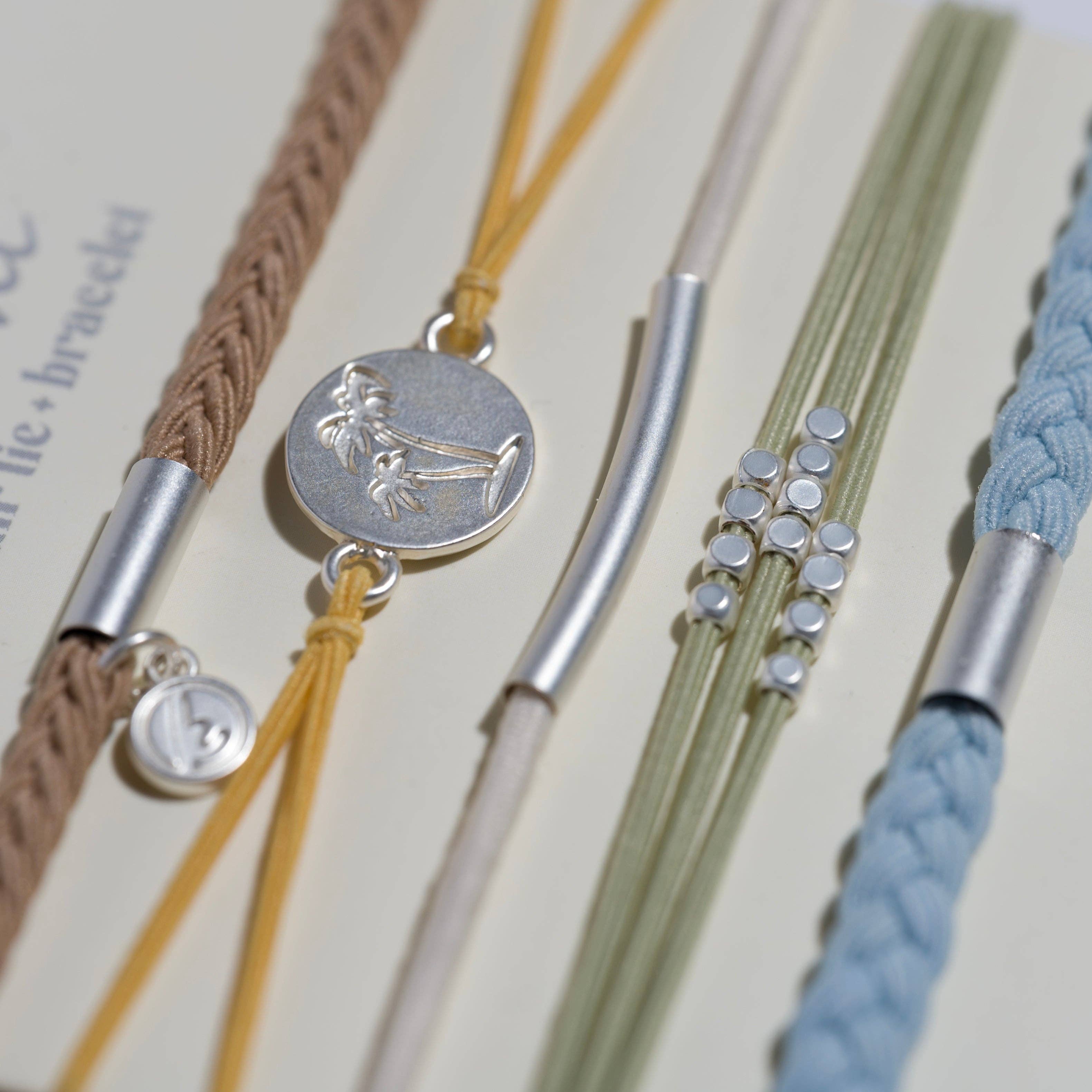 K'lani "Grow" Earthy Toned Silver Palm Tree Charm Hair Tie Bracelets