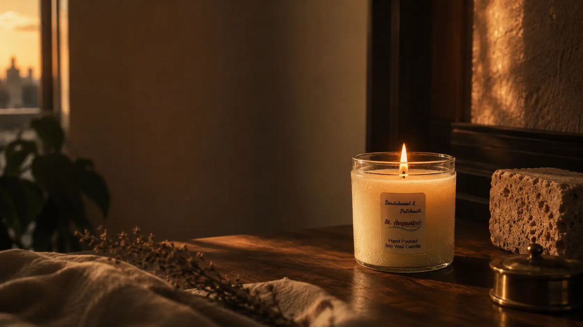Hand-poured St. Augustine candle glowing beside a natural sea sponge